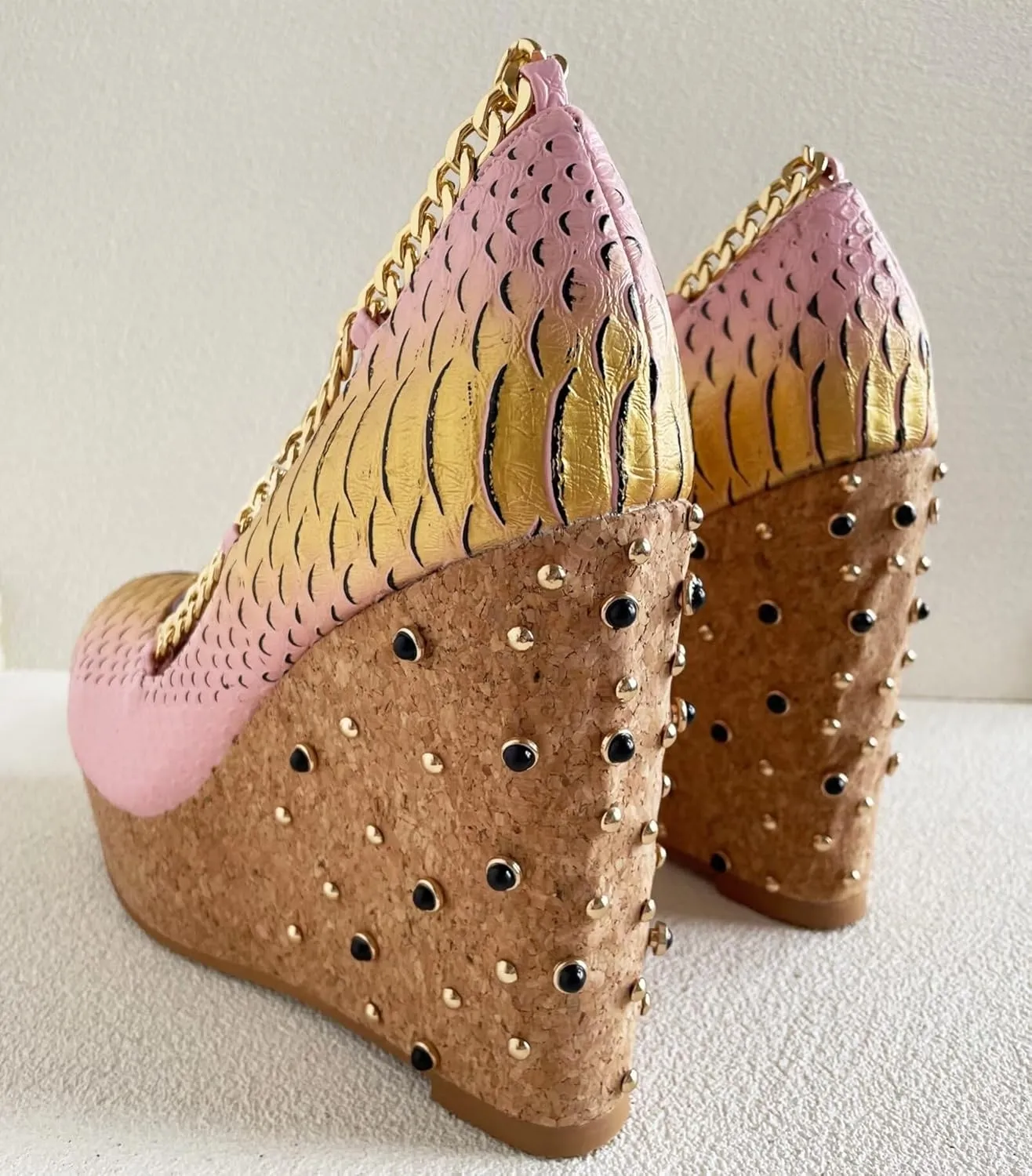 Frankie Hsu Sexy Platform Black Rhinestone Gem Wedge Pumps, Cute Gold Chain Rivet Pink High Heeled Oak Wood Sandal, Designer Mermaid Fish Scale Big Size Shoes For Women