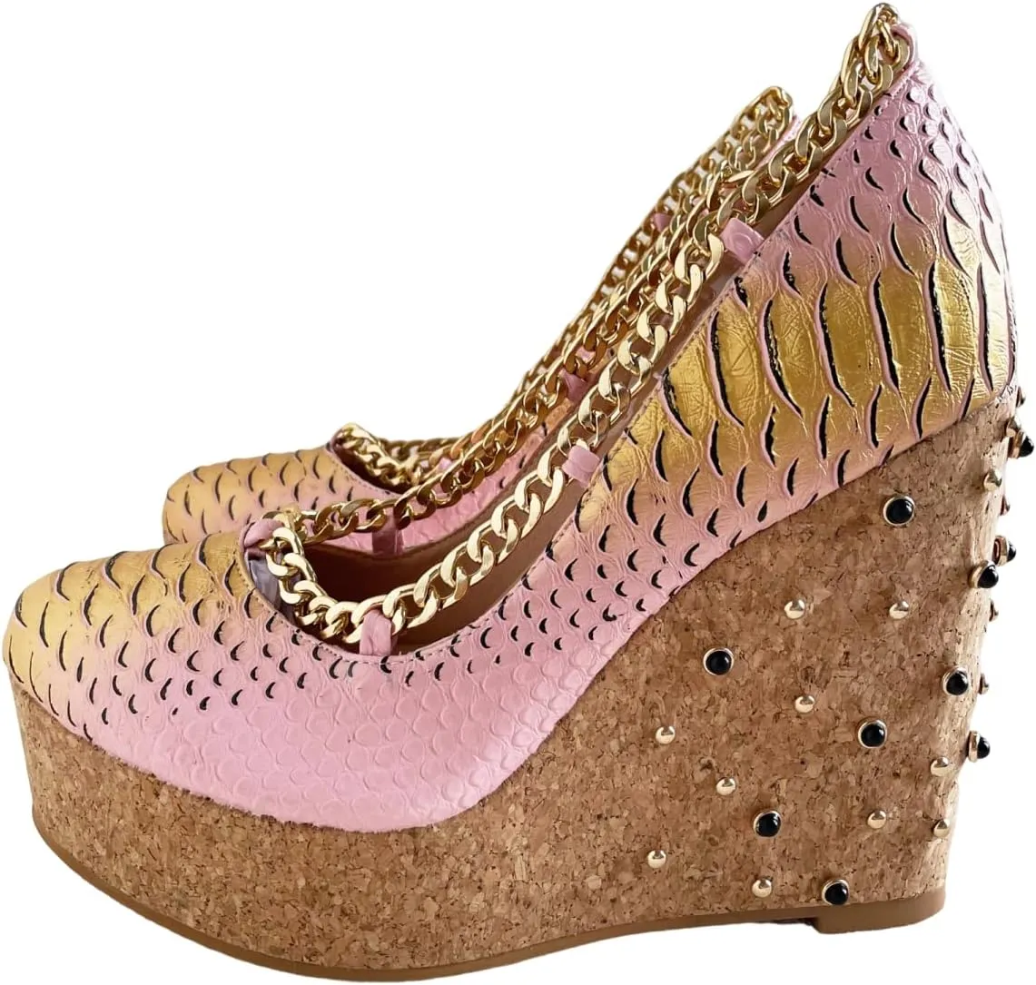 Frankie Hsu Sexy Platform Black Rhinestone Gem Wedge Pumps, Cute Gold Chain Rivet Pink High Heeled Oak Wood Sandal, Designer Mermaid Fish Scale Big Size Shoes For Women