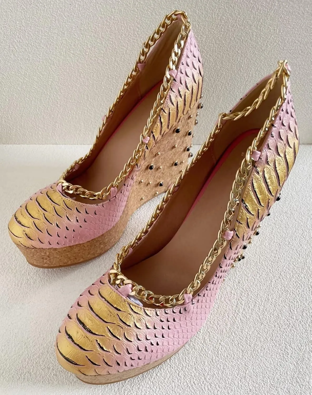 Frankie Hsu Sexy Platform Black Rhinestone Gem Wedge Pumps, Cute Gold Chain Rivet Pink High Heeled Oak Wood Sandal, Designer Mermaid Fish Scale Big Size Shoes For Women