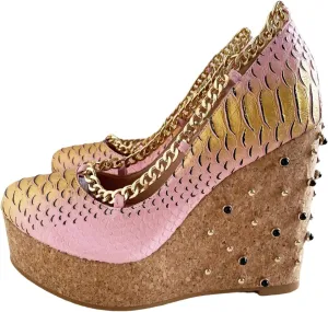 Frankie Hsu Sexy Platform Black Rhinestone Gem Wedge Pumps, Cute Gold Chain Rivet Pink High Heeled Oak Wood Sandal, Designer Mermaid Fish Scale Big Size Shoes For Women