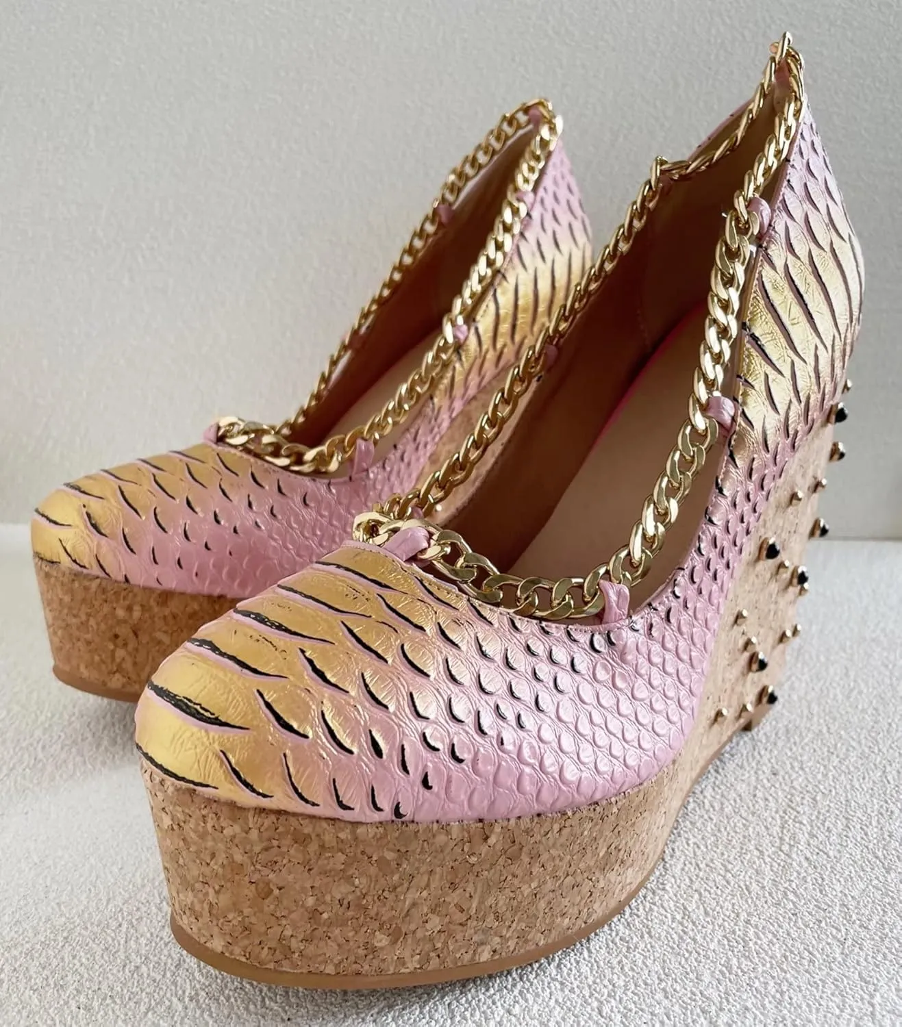 Frankie Hsu Sexy Platform Black Rhinestone Gem Wedge Pumps, Cute Gold Chain Rivet Pink High Heeled Oak Wood Sandal, Designer Mermaid Fish Scale Big Size Shoes For Women