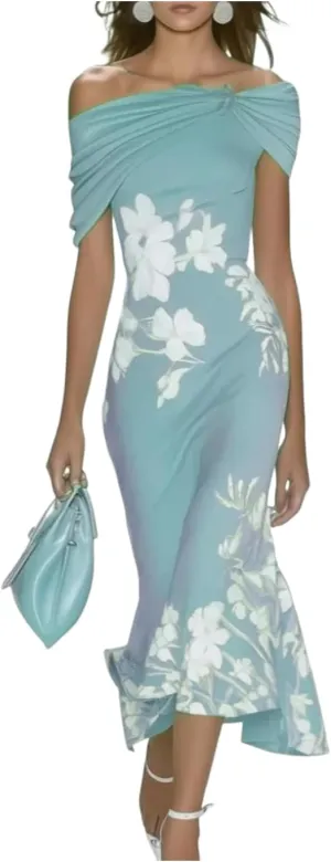 Fresh Cold Shoulder Bodycon Midi Dress for Women Gorgeous Short Sleeve Floral Print Midi Dress 2025 Summer Trendy