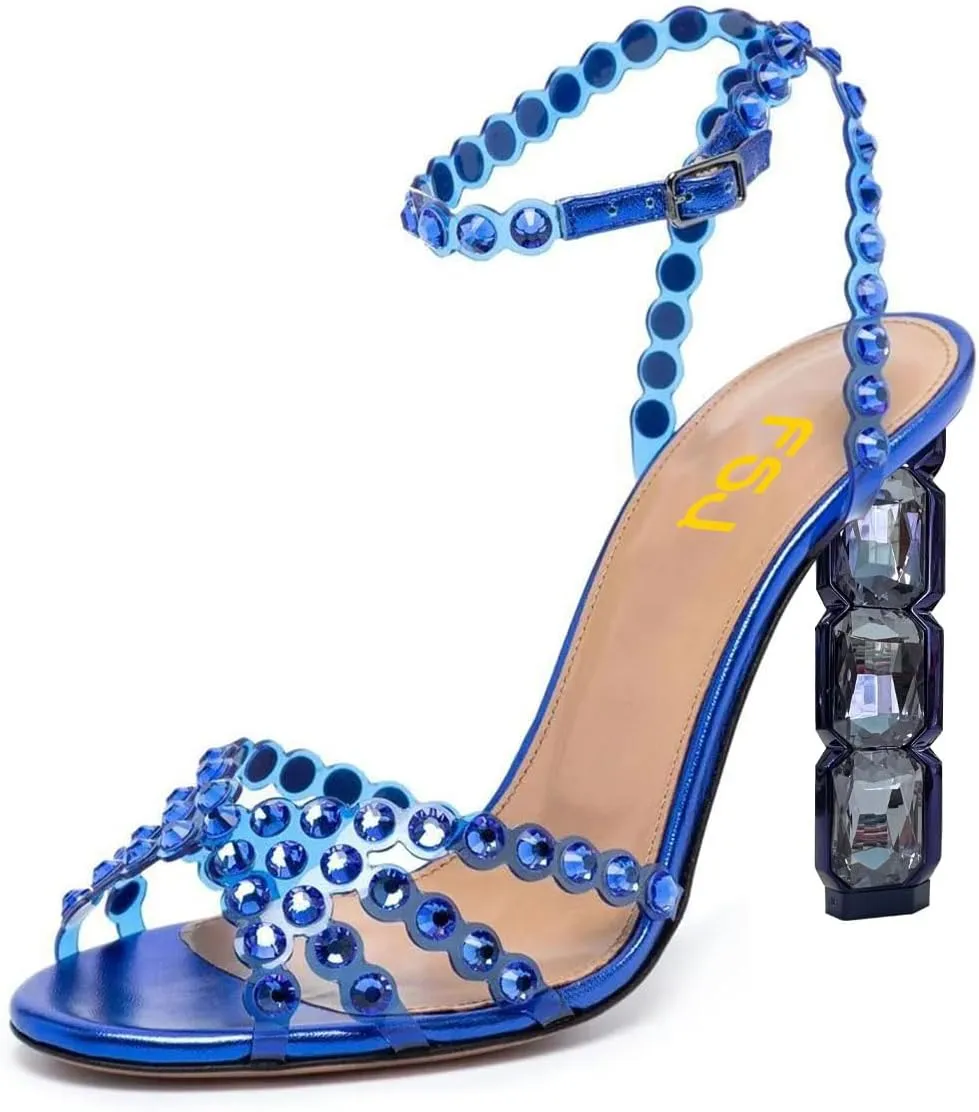 FSJ Women Jeweled High Heel Sandals Rhinestones Diamonds Chunky Block Heel Ankle Strap Buckle Open Toe Fashion Party Evening Wedding Dress Shoes Size 4-15 US