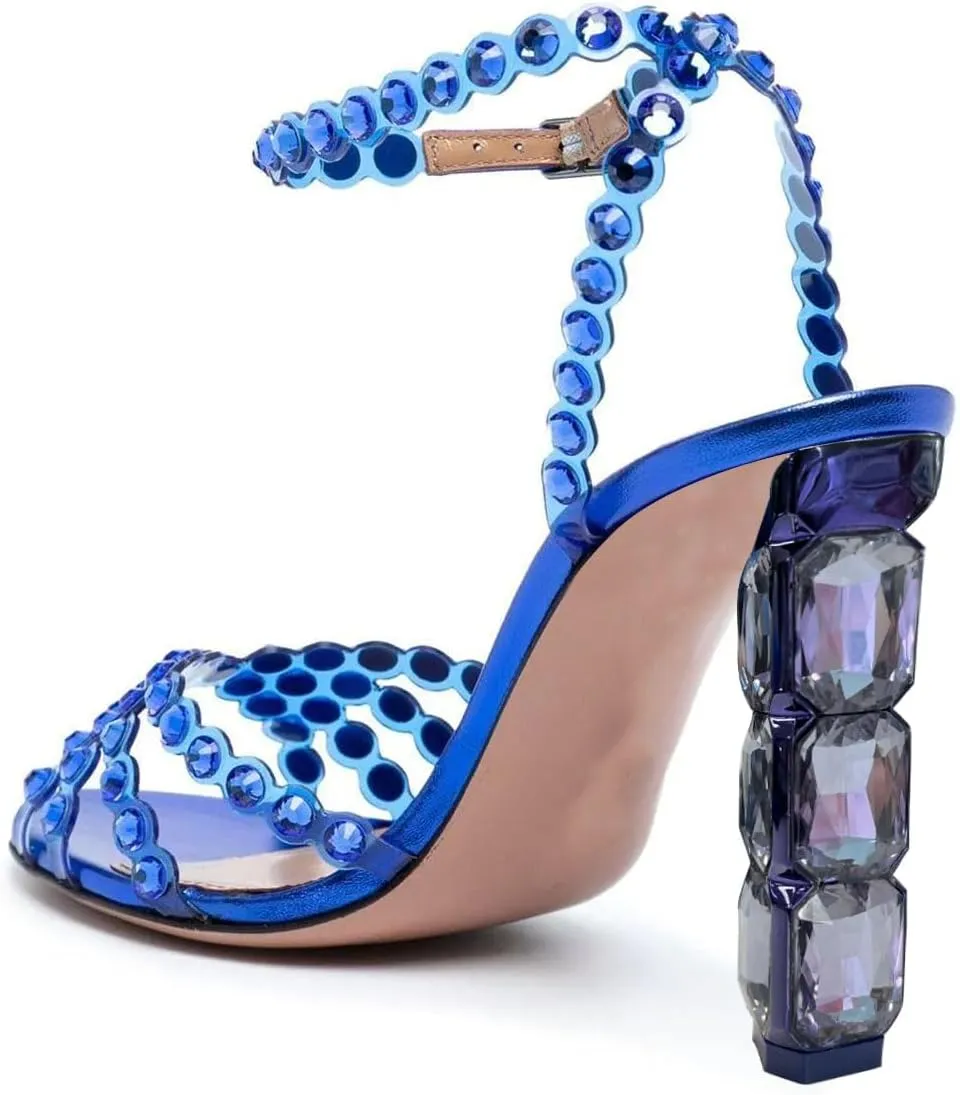 FSJ Women Jeweled High Heel Sandals Rhinestones Diamonds Chunky Block Heel Ankle Strap Buckle Open Toe Fashion Party Evening Wedding Dress Shoes Size 4-15 US
