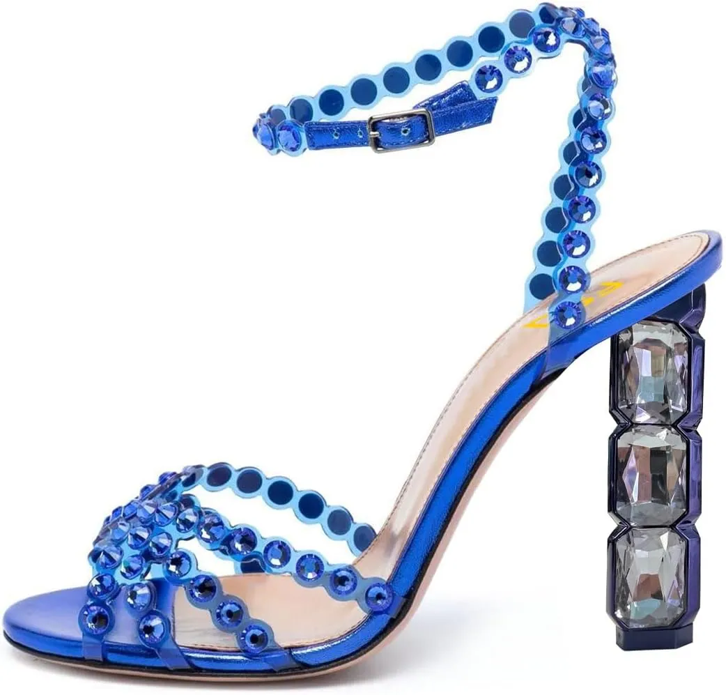FSJ Women Jeweled High Heel Sandals Rhinestones Diamonds Chunky Block Heel Ankle Strap Buckle Open Toe Fashion Party Evening Wedding Dress Shoes Size 4-15 US