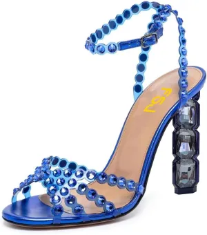 FSJ Women Jeweled High Heel Sandals Rhinestones Diamonds Chunky Block Heel Ankle Strap Buckle Open Toe Fashion Party Evening Wedding Dress Shoes Size 4-15 US