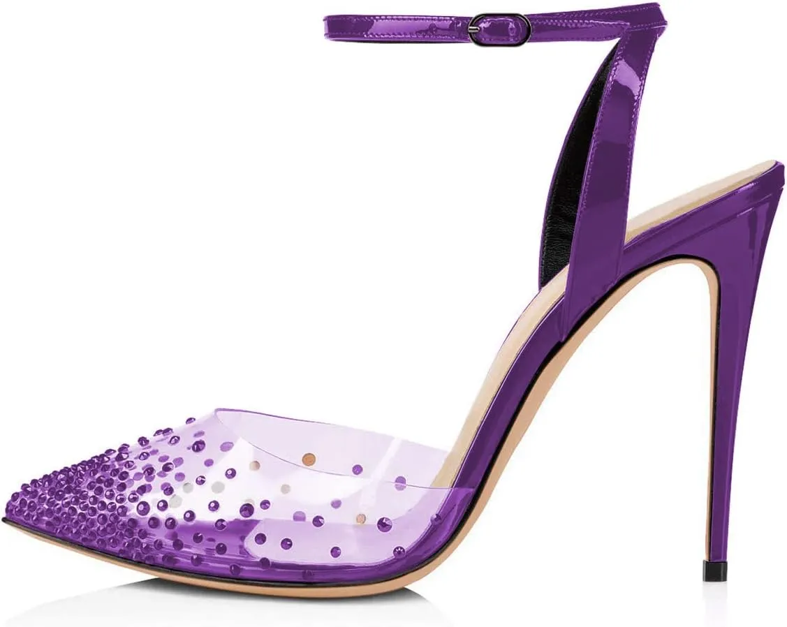 FSJ Women Pencil High Heel Spikes Studded Sandal Slip On D'Orsay Evening Pump Ankle Strap Clear Ballroom Dance Shoe Size 4-15 US
