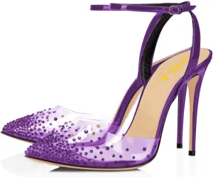 FSJ Women Pencil High Heel Spikes Studded Sandal Slip On D'Orsay Evening Pump Ankle Strap Clear Ballroom Dance Shoe Size 4-15 US