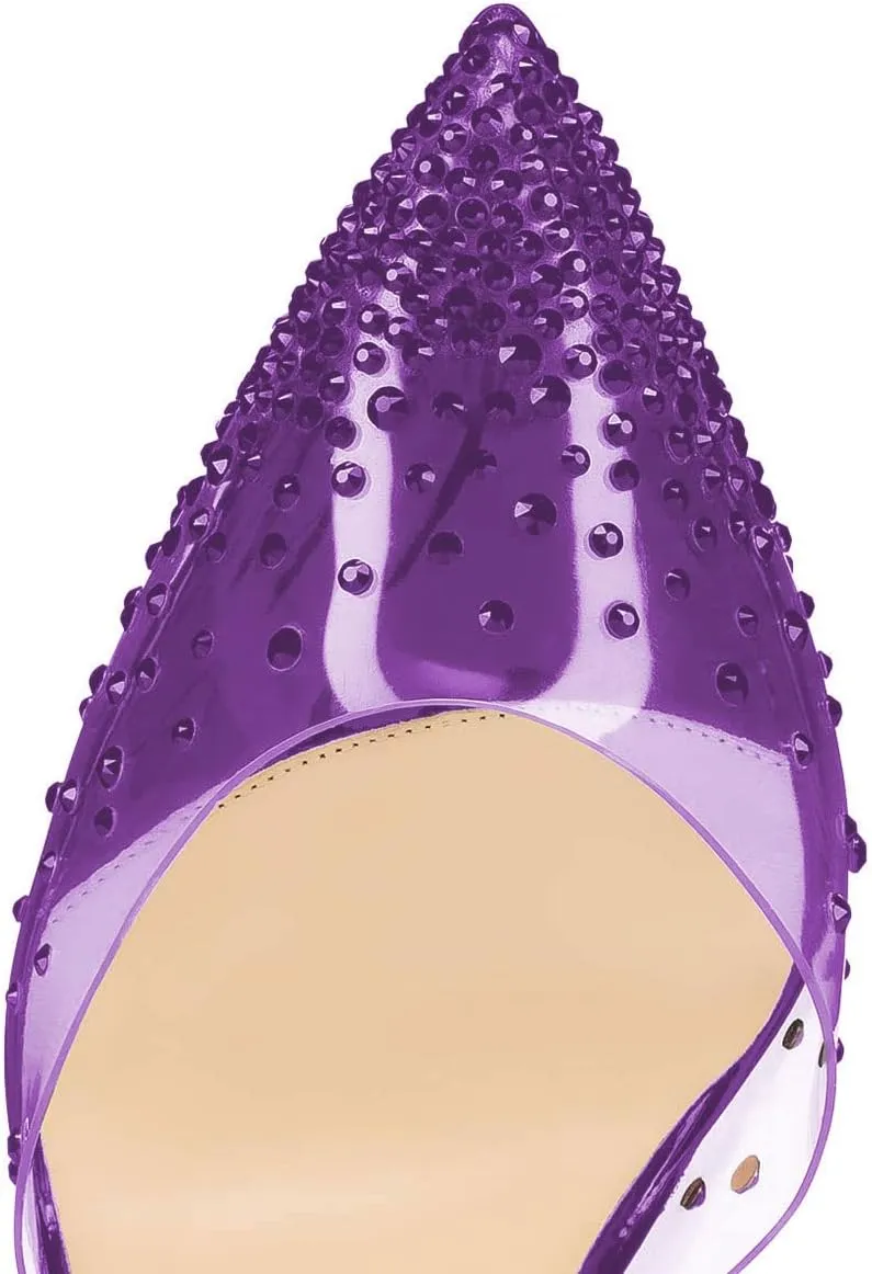 FSJ Women Pencil High Heel Spikes Studded Sandal Slip On D'Orsay Evening Pump Ankle Strap Clear Ballroom Dance Shoe Size 4-15 US