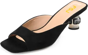 FSJ Women Square Open Toe Block Crystal Low Heel Mule Sandals Backless Slip On Jeweled Slide Heels Comfort Casual Slipper Dress Shoes Size 4-16 US
