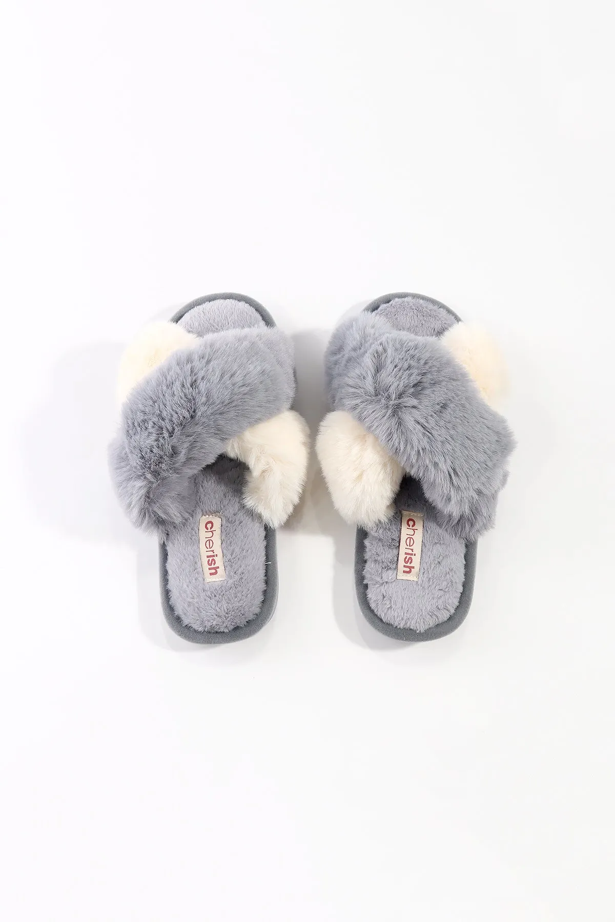 Grey Contrast Faux Fur Mule Slippers