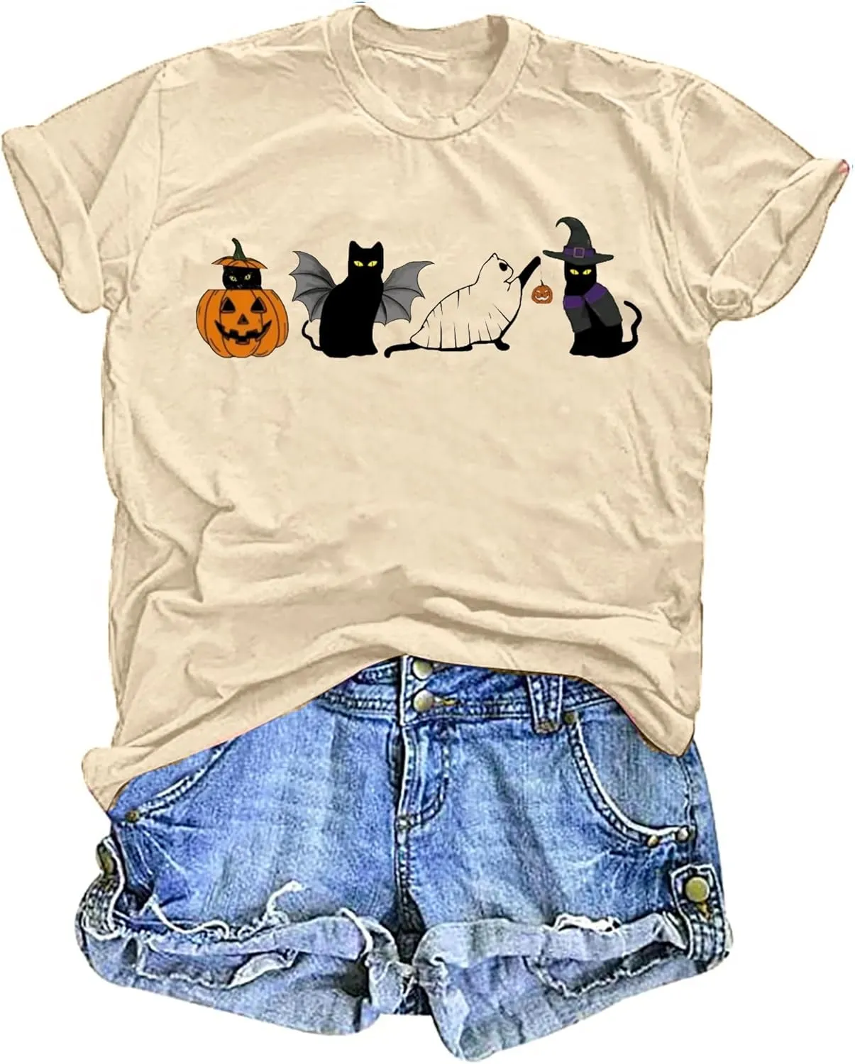 Halloween Ghost Cat Shirts for Women Cat Lovers T-Shirt Gifts Retro Fall Spooky Season Tees Tops