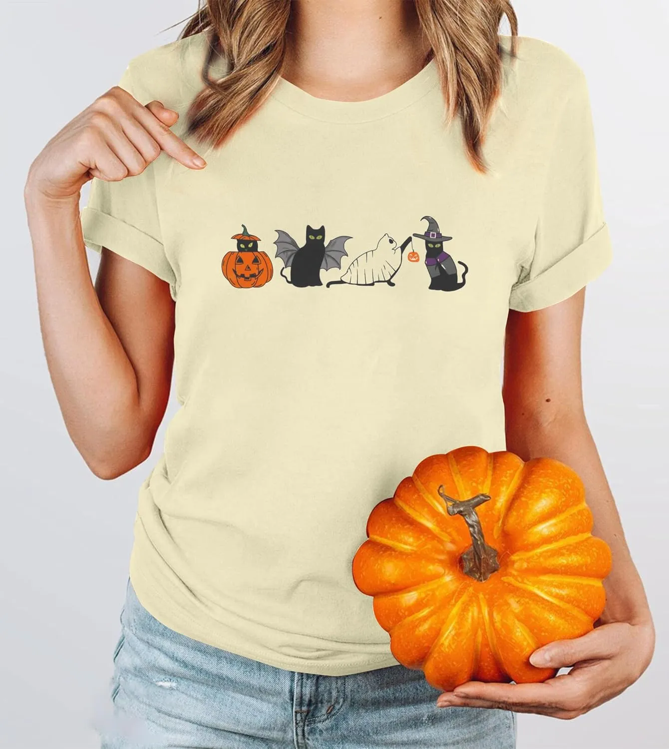 Halloween Ghost Cat Shirts for Women Cat Lovers T-Shirt Gifts Retro Fall Spooky Season Tees Tops