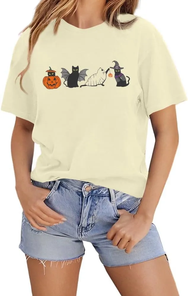 Halloween Ghost Cat Shirts for Women Cat Lovers T-Shirt Gifts Retro Fall Spooky Season Tees Tops