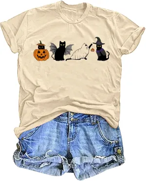 Halloween Ghost Cat Shirts for Women Cat Lovers T-Shirt Gifts Retro Fall Spooky Season Tees Tops