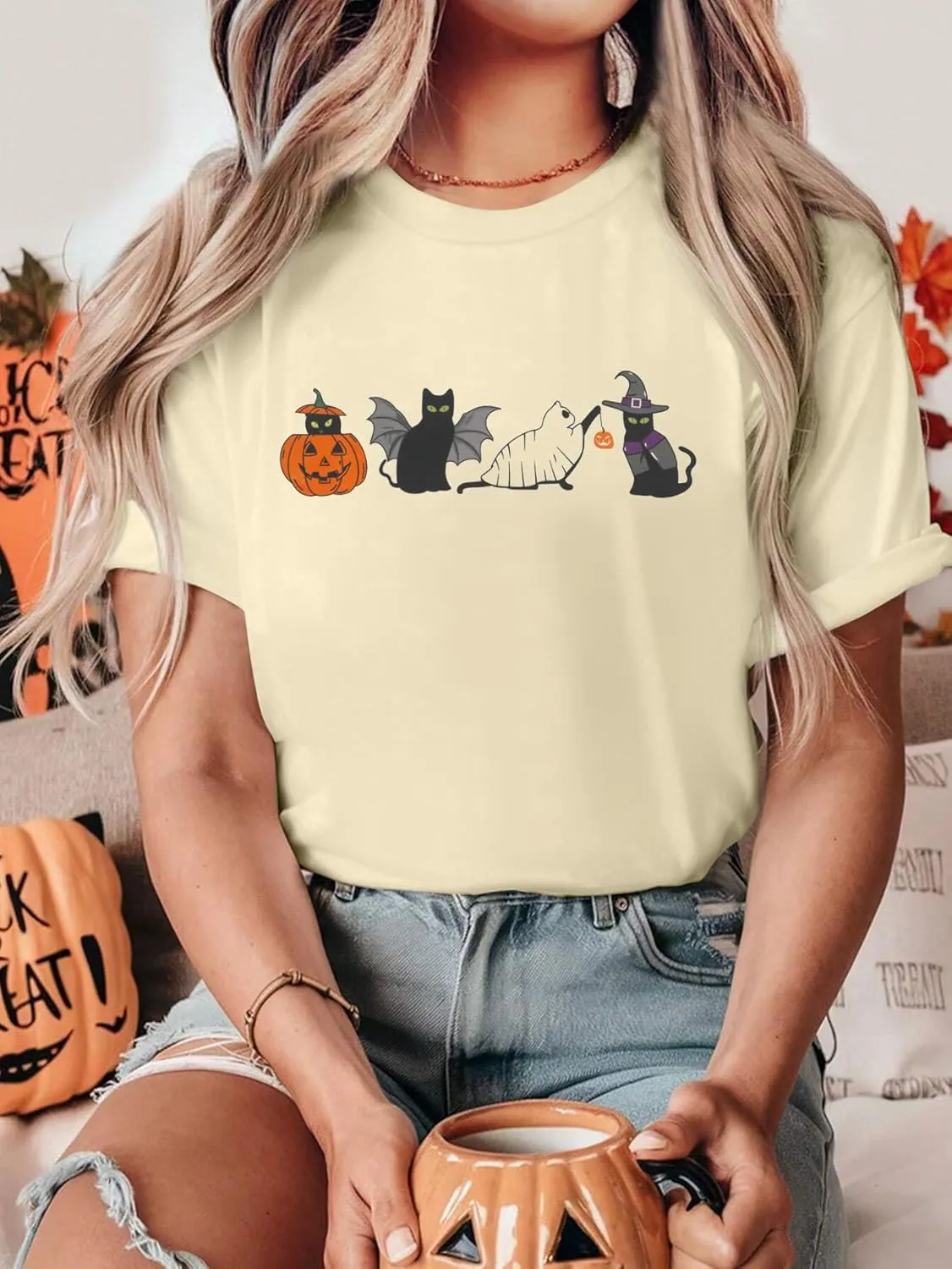 Halloween Ghost Cat Shirts for Women Cat Lovers T-Shirt Gifts Retro Fall Spooky Season Tees Tops