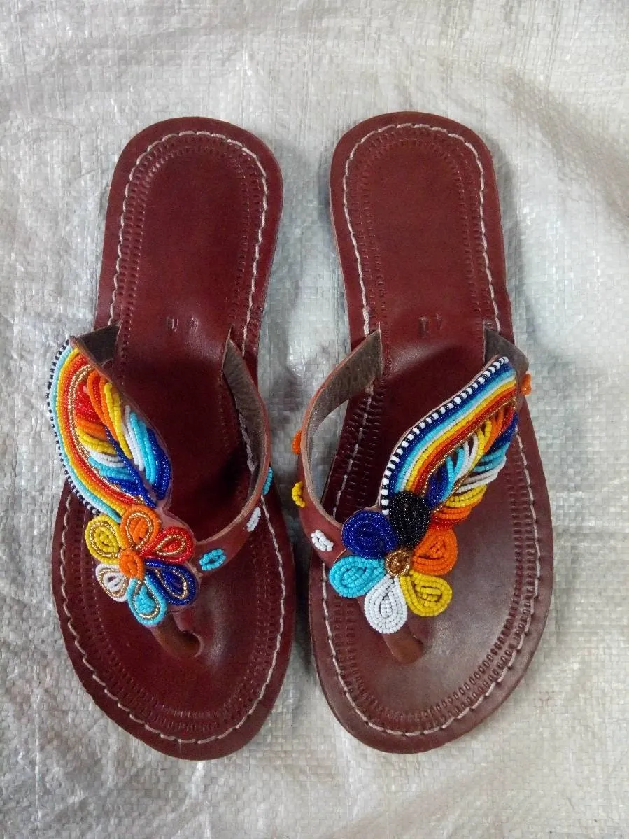 Handmade African Beaded Sandals/Authentic Maasai-Style Leather Flip-Flops Women/Boho Beach Sandals/Comfortable Summer Sandal African Gifts