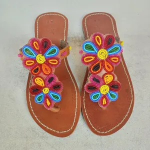 Handmade African Beaded Sandals/Authentic Maasai-Style Leather Flip-Flops Women/Boho Beach Sandals/Comfortable Summer Sandal African Gifts
