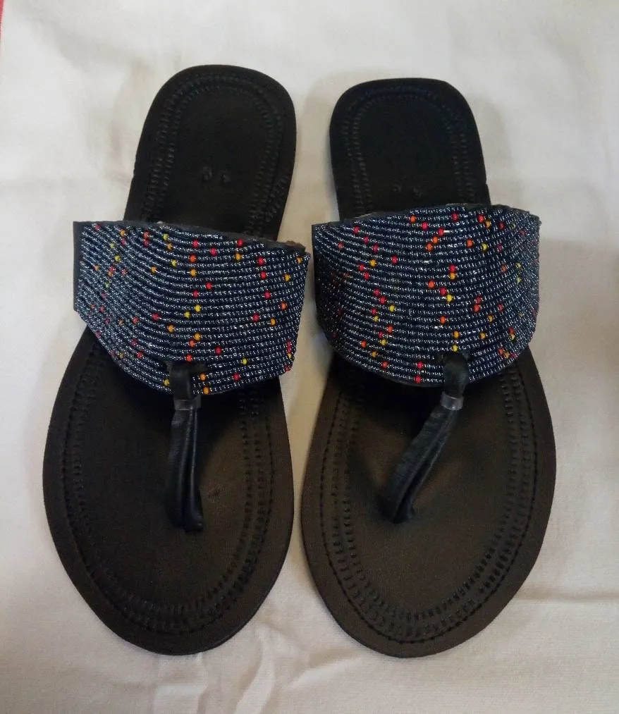Handmade African Beaded Sandals/Authentic Maasai-Style Leather Flip-Flops Women/Boho Beach Sandals/Comfortable Summer Sandal African Gifts