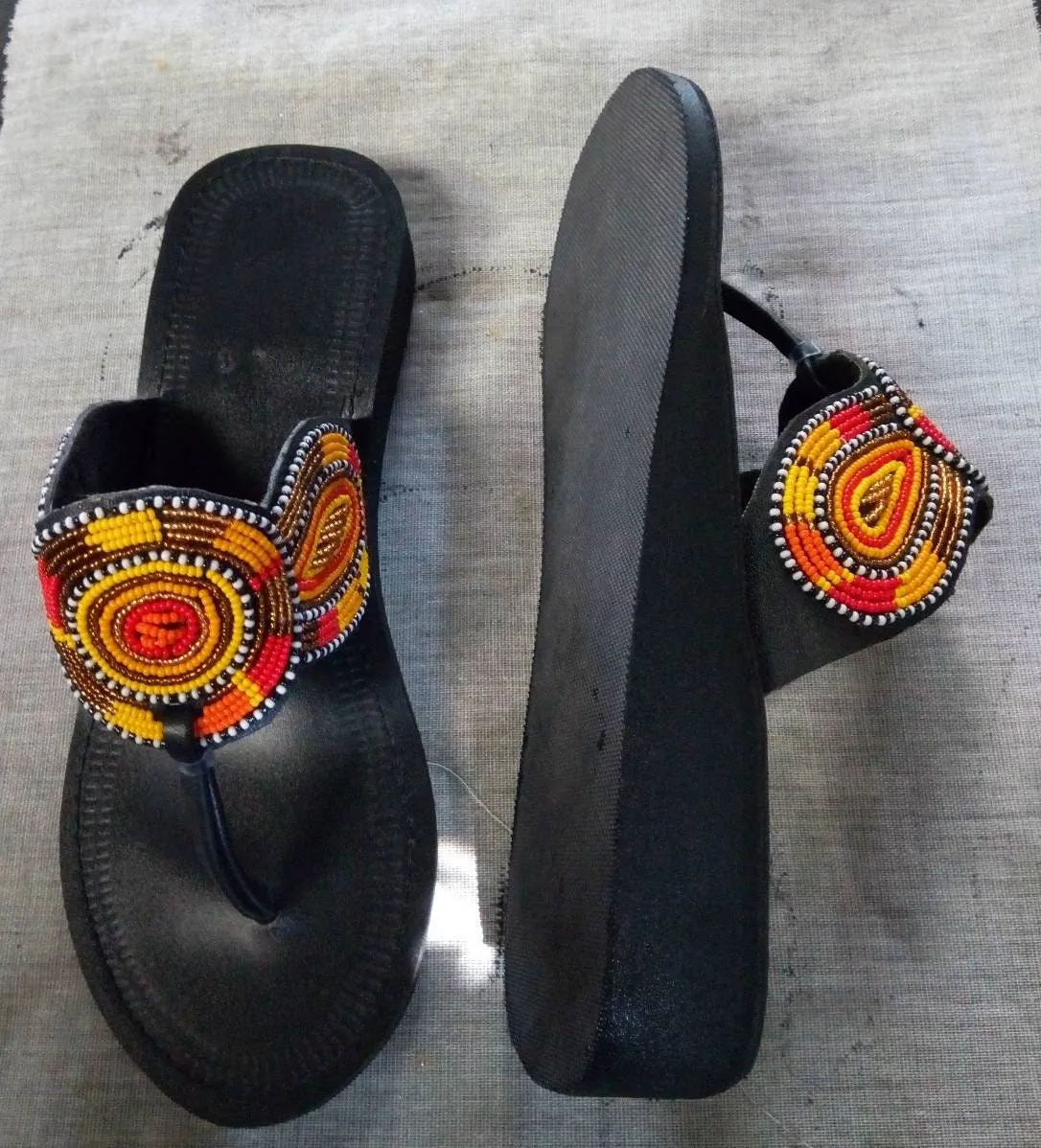 Handmade African Beaded Sandals/Authentic Maasai-Style Leather Flip-Flops Women/Boho Beach Sandals/Comfortable Summer Sandal African Gifts