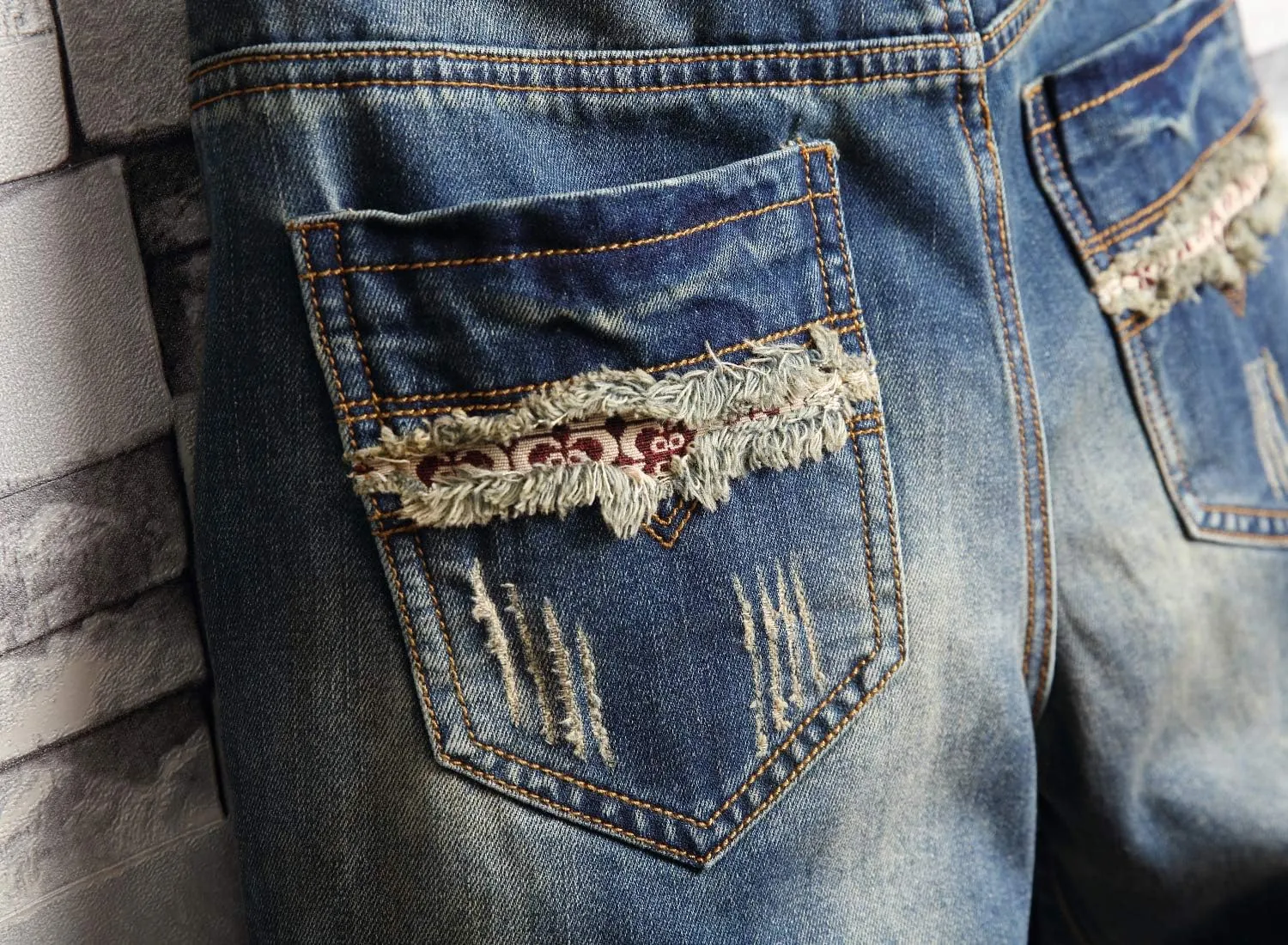 HENGAO Men's Ripped Jean Short Distressed Straight Fit Denim Shorts