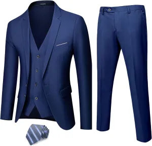 Hihawk Men's 3 Piece Suit with Stretch Fabric, Solid Slim Fit Two Button Suit Blazer Set, Jacket Vest Pants with Tie.