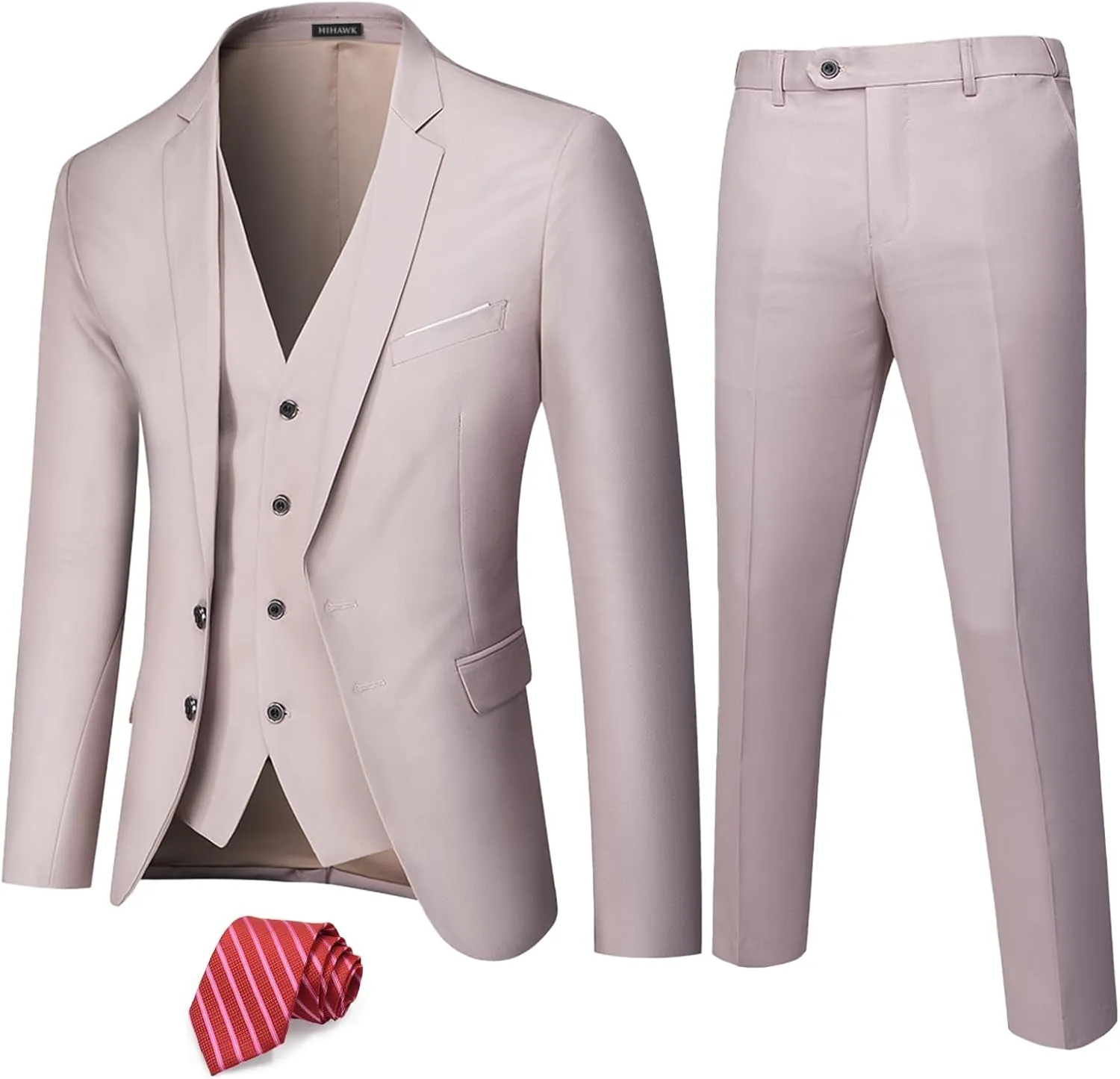 Hihawk Men's 3 Piece Suit with Stretch Fabric, Solid Slim Fit Two Button Suit Blazer Set, Jacket Vest Pants with Tie.
