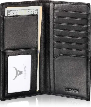 HISCOW Slim Leather Long Wallet for Men & Women, Italian Calfskin, Breast Pocket Wallet for Checkbook, Credit Cards (Black)