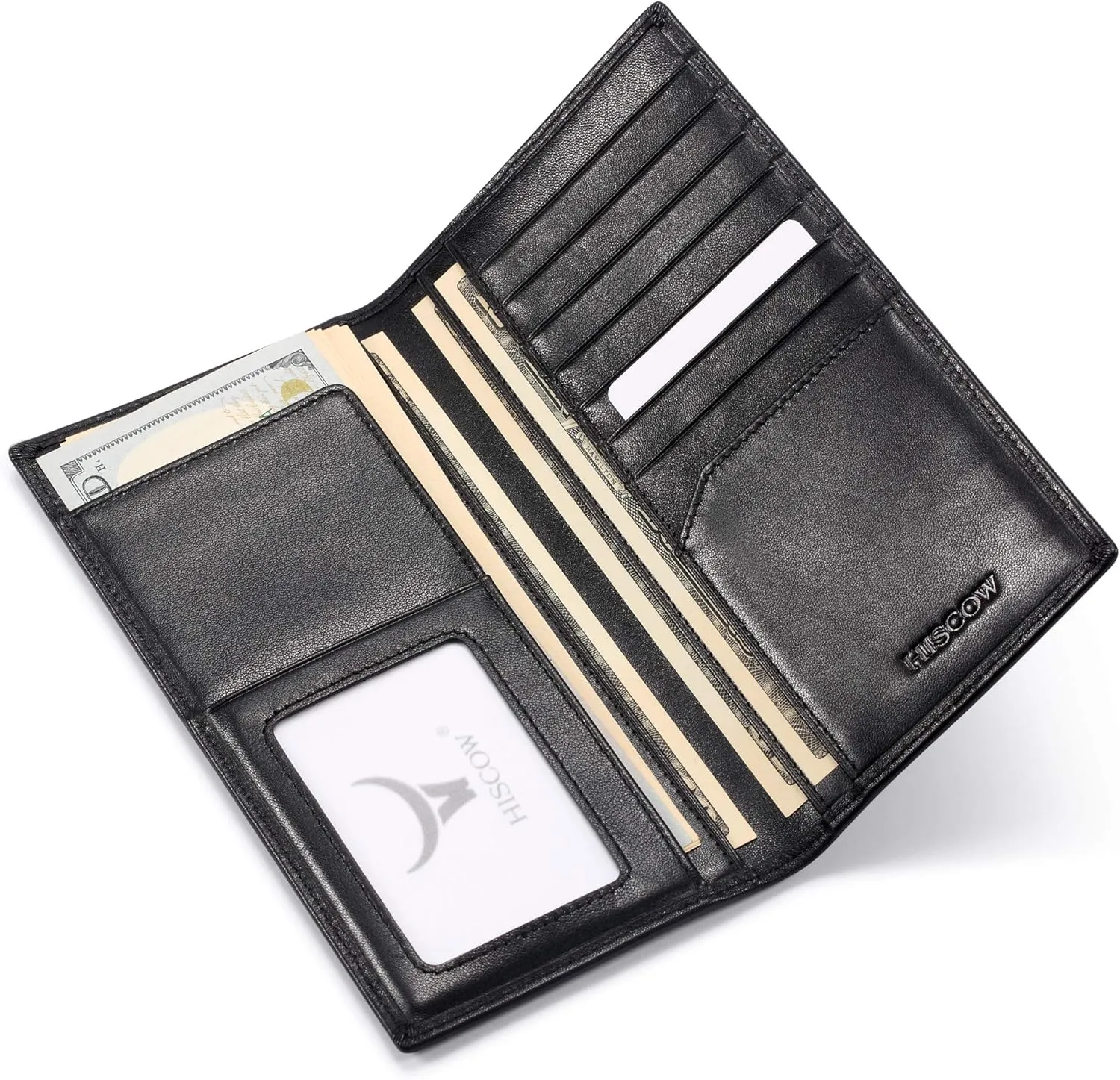 HISCOW Slim Leather Long Wallet for Men & Women, Italian Calfskin, Breast Pocket Wallet for Checkbook, Credit Cards (Black)