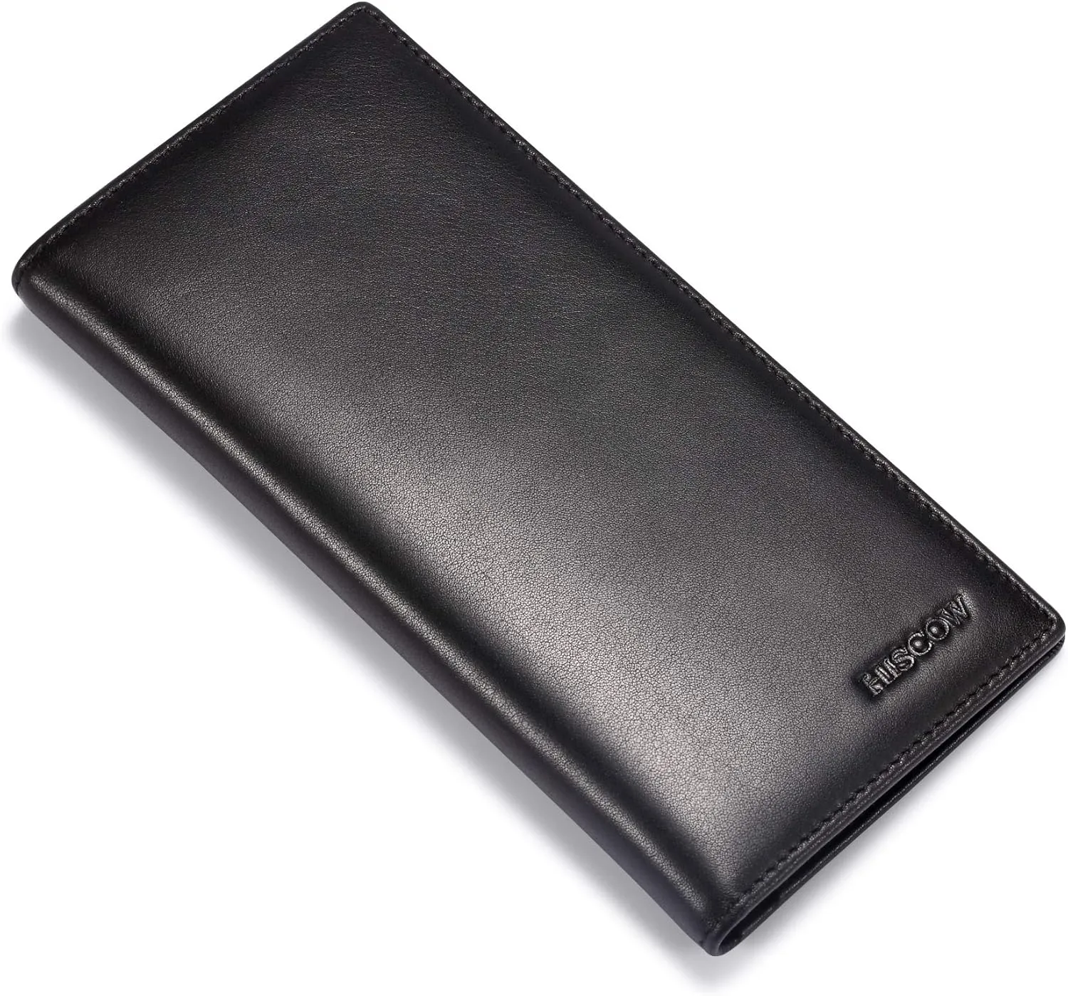 HISCOW Slim Leather Long Wallet for Men & Women, Italian Calfskin, Breast Pocket Wallet for Checkbook, Credit Cards (Black)