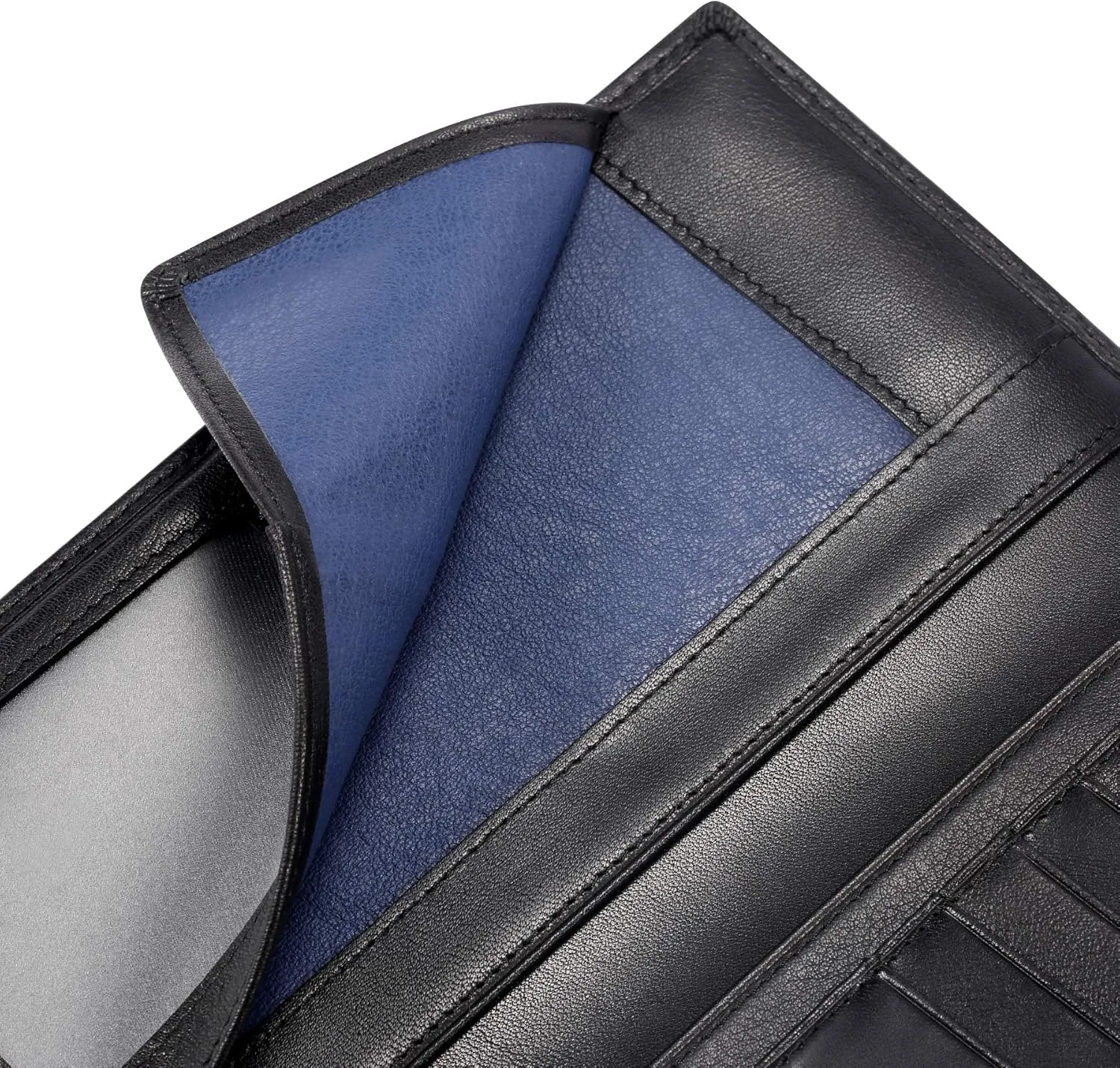 HISCOW Slim Leather Long Wallet for Men & Women, Italian Calfskin, Breast Pocket Wallet for Checkbook, Credit Cards (Black)