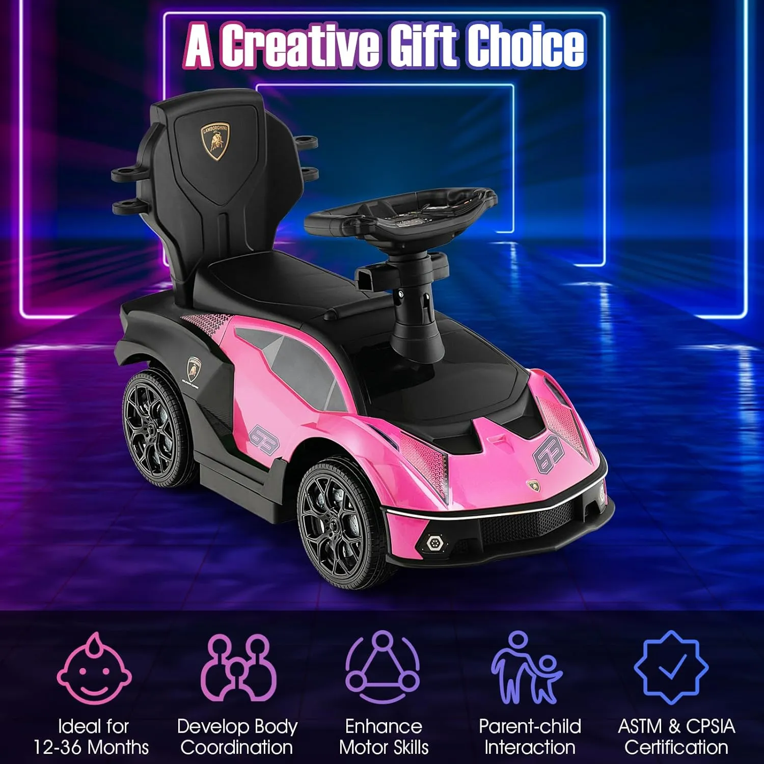 HONEY JOY Push Cars for Toddlers, Lamborghini Kids Toy Car Stroller w/Push Handle & Detachable Guardrail, Horn & Engine Sound, Seat Storage, Foot-to-Floor Ride On Push Car for Boys Girls(Pink)