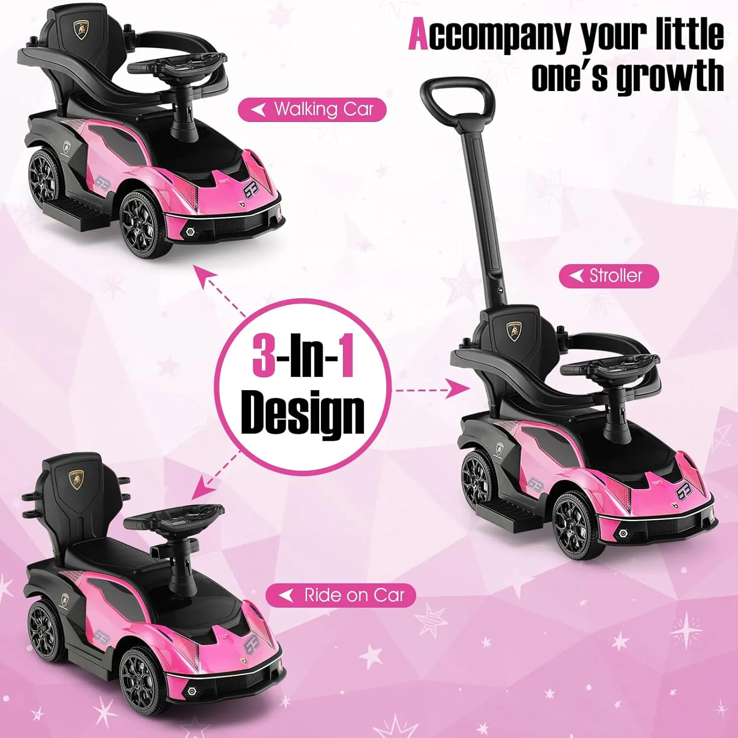 HONEY JOY Push Cars for Toddlers, Lamborghini Kids Toy Car Stroller w/Push Handle & Detachable Guardrail, Horn & Engine Sound, Seat Storage, Foot-to-Floor Ride On Push Car for Boys Girls(Pink)