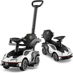 HONEY JOY Push Cars for Toddlers, Lamborghini Kids Toy Car Stroller w/Push Handle & Detachable Guardrail, Horn & Engine Sound, Seat Storage, Foot-to-Floor Ride On Push Car for Boys Girls(White)