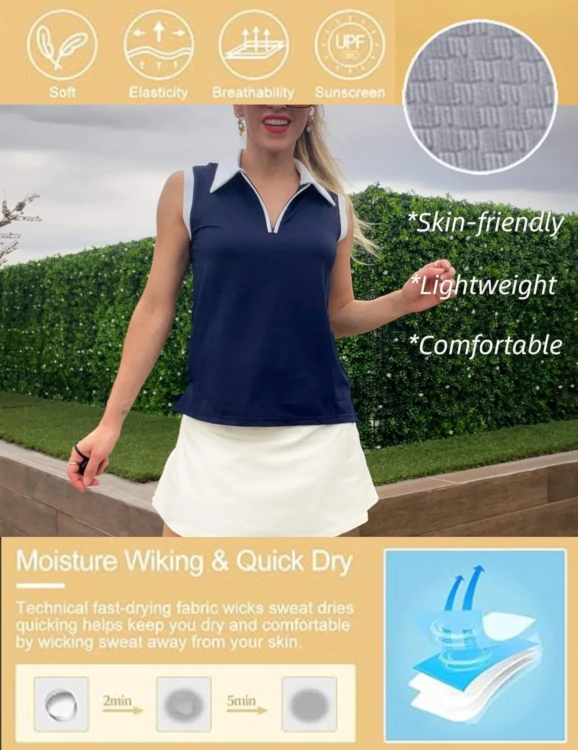 HOTLOOX Women Sleeveless Golf Polo Shirts Summer 2025 UPF 50  Zipper V Neck Tennis Tank Top S-XXL