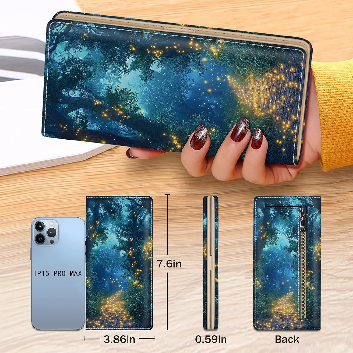 Immaturus Womens Wallet, Forest Firefly Slim Thin RFID Blocking Credit Card Wallets, Long Bifold PU Leather Card Holder Organizer, Cute Cash Clutch Billfold with Zipper Coin Pocket Ladies Girls Gift