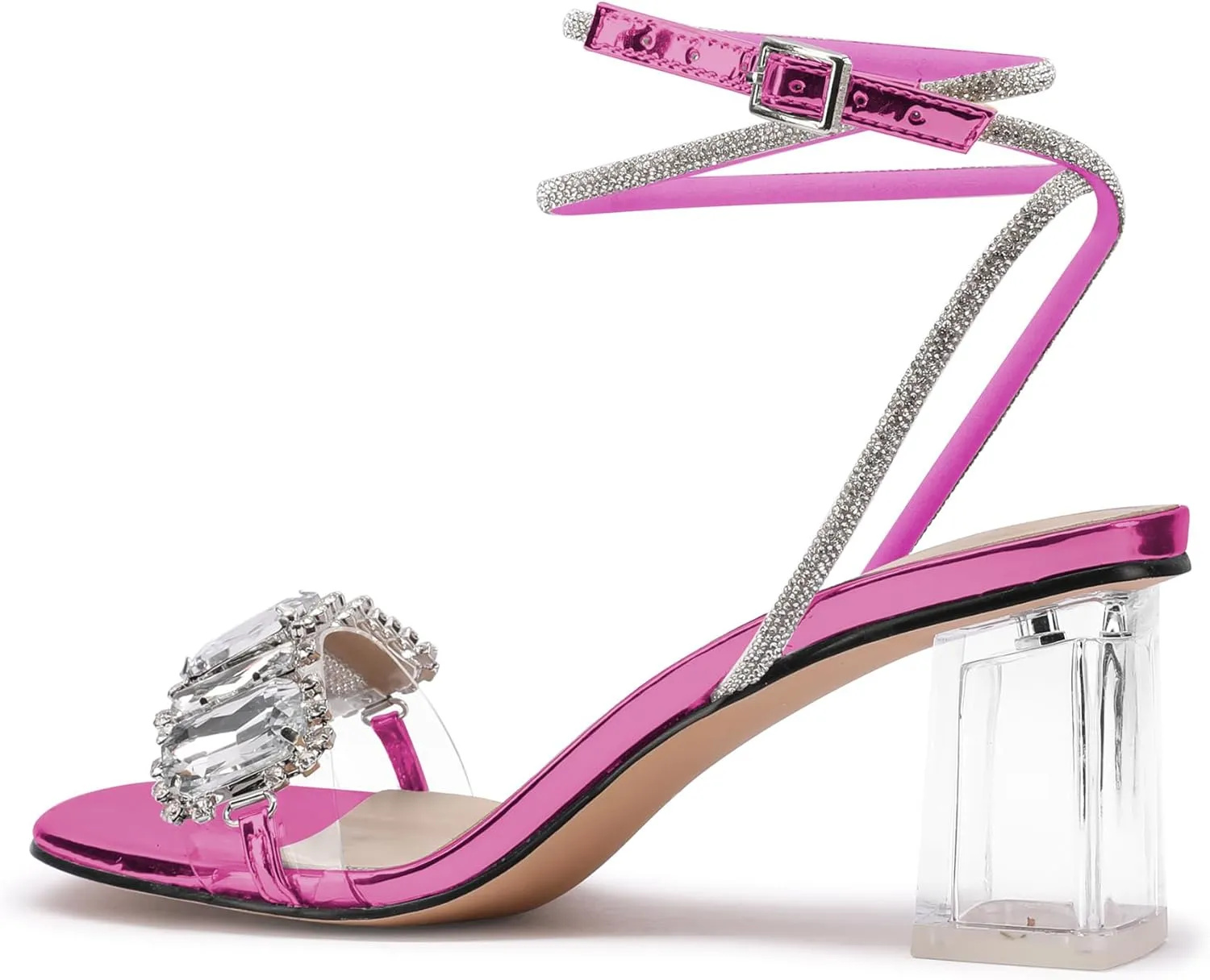JANSEVEN Women Rhinestone Clear Sandals Crystal Transparent Heels Chunky Block Heel Mid Heel Sparkling silver Sandal with Ankle Strap Square Toe Sandals Dress Shoes Wedding Shoes 2.5 Inches Size 5