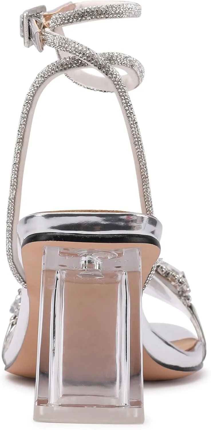JANSEVEN Women Rhinestone Clear Sandals Crystal Transparent Heels Chunky Block Heel Mid Heel Sparkling silver Sandal with Ankle Strap Square Toe Sandals Dress Shoes Wedding Shoes 2.5 Inches Size 5
