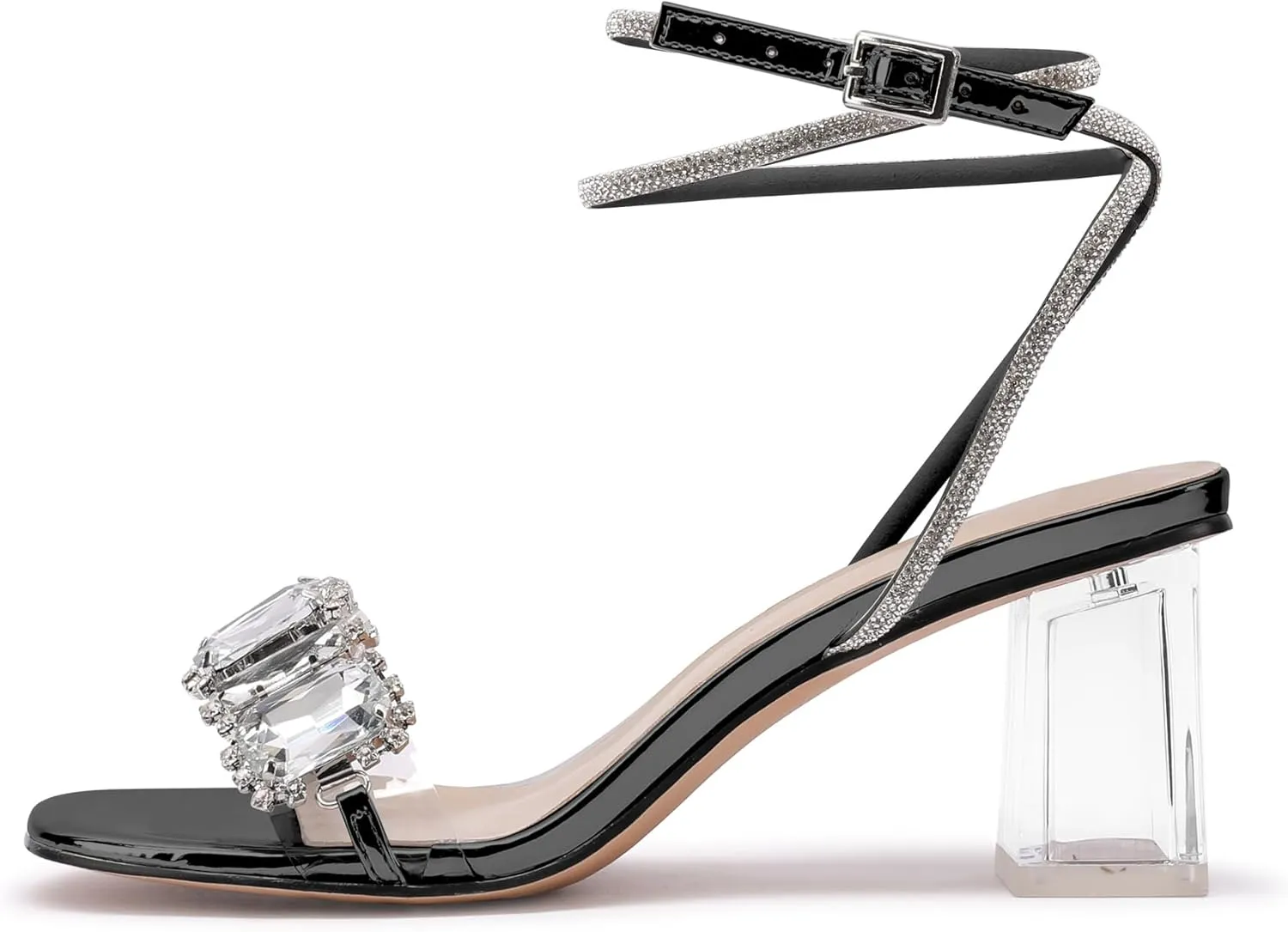 JANSEVEN Women Rhinestone Clear Sandals Crystal Transparent Heels Chunky Block Heel Mid Heel Sparkling silver Sandal with Ankle Strap Square Toe Sandals Dress Shoes Wedding Shoes 2.5 Inches Size 5