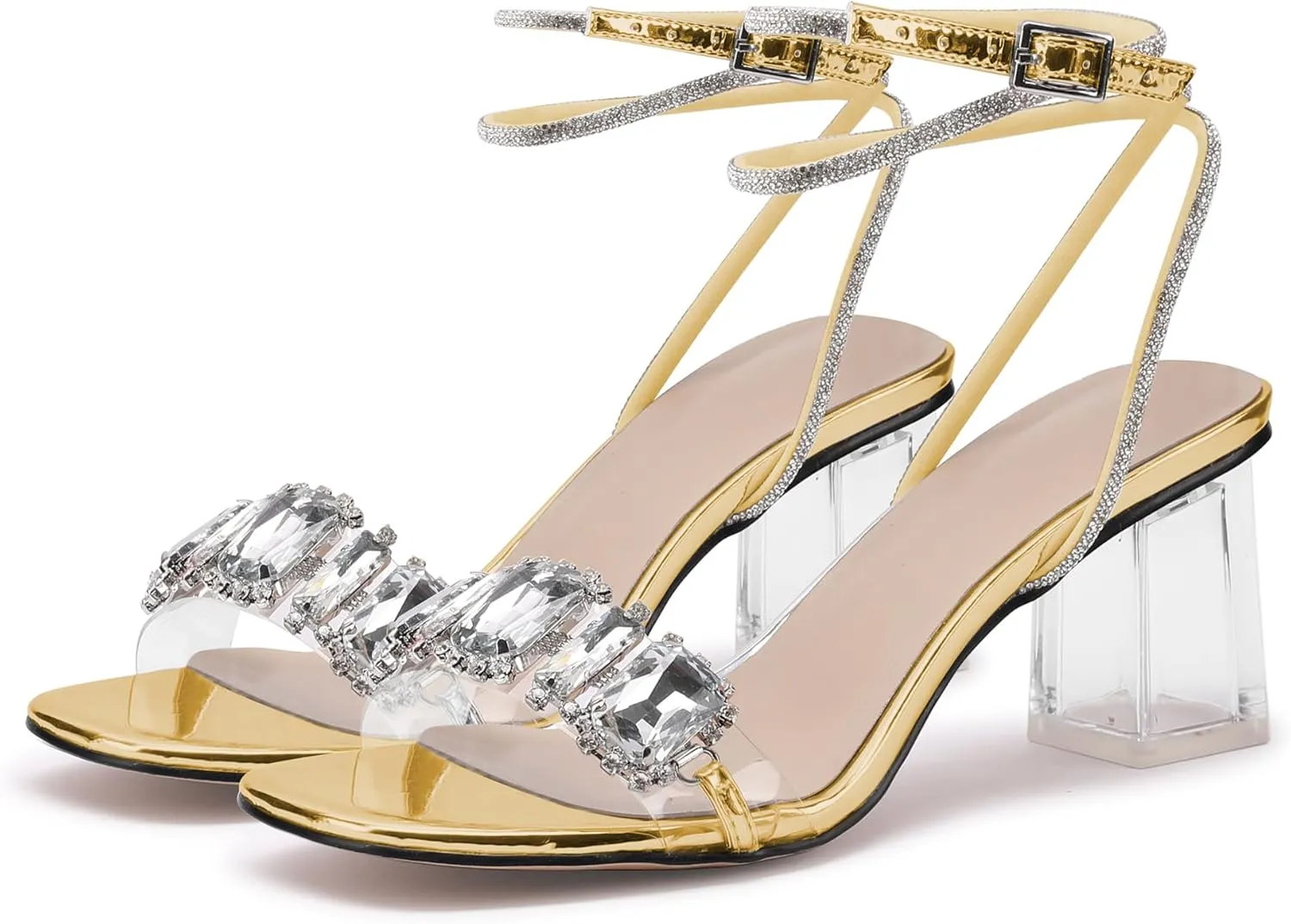 JANSEVEN Women Rhinestone Clear Sandals Crystal Transparent Heels Chunky Block Heel Mid Heel Sparkling silver Sandal with Ankle Strap Square Toe Sandals Dress Shoes Wedding Shoes 2.5 Inches Size 5