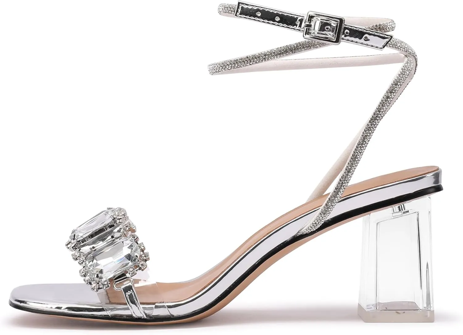 JANSEVEN Women Rhinestone Clear Sandals Crystal Transparent Heels Chunky Block Heel Mid Heel Sparkling silver Sandal with Ankle Strap Square Toe Sandals Dress Shoes Wedding Shoes 2.5 Inches Size 5
