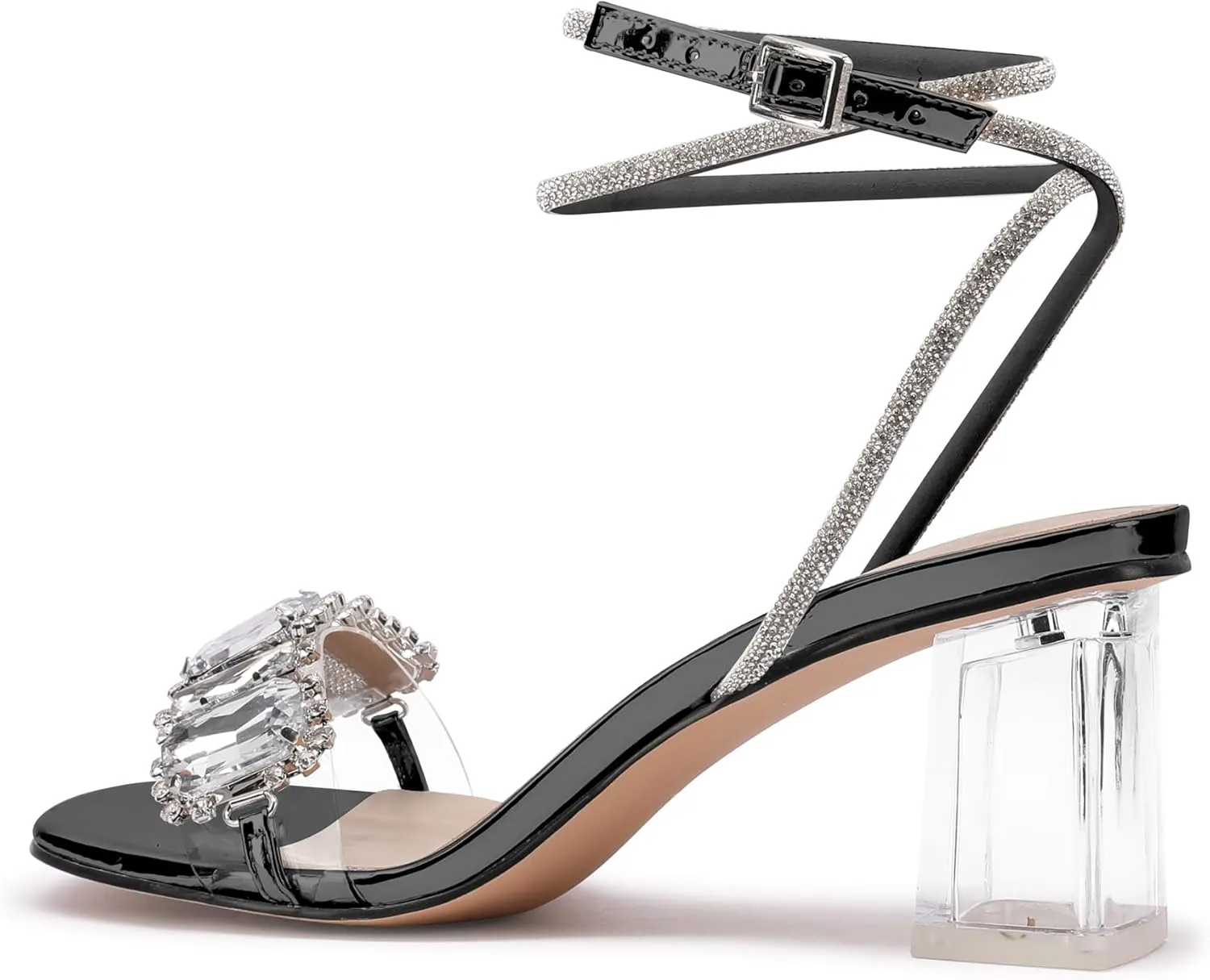 JANSEVEN Women Rhinestone Clear Sandals Crystal Transparent Heels Chunky Block Heel Mid Heel Sparkling silver Sandal with Ankle Strap Square Toe Sandals Dress Shoes Wedding Shoes 2.5 Inches Size 5