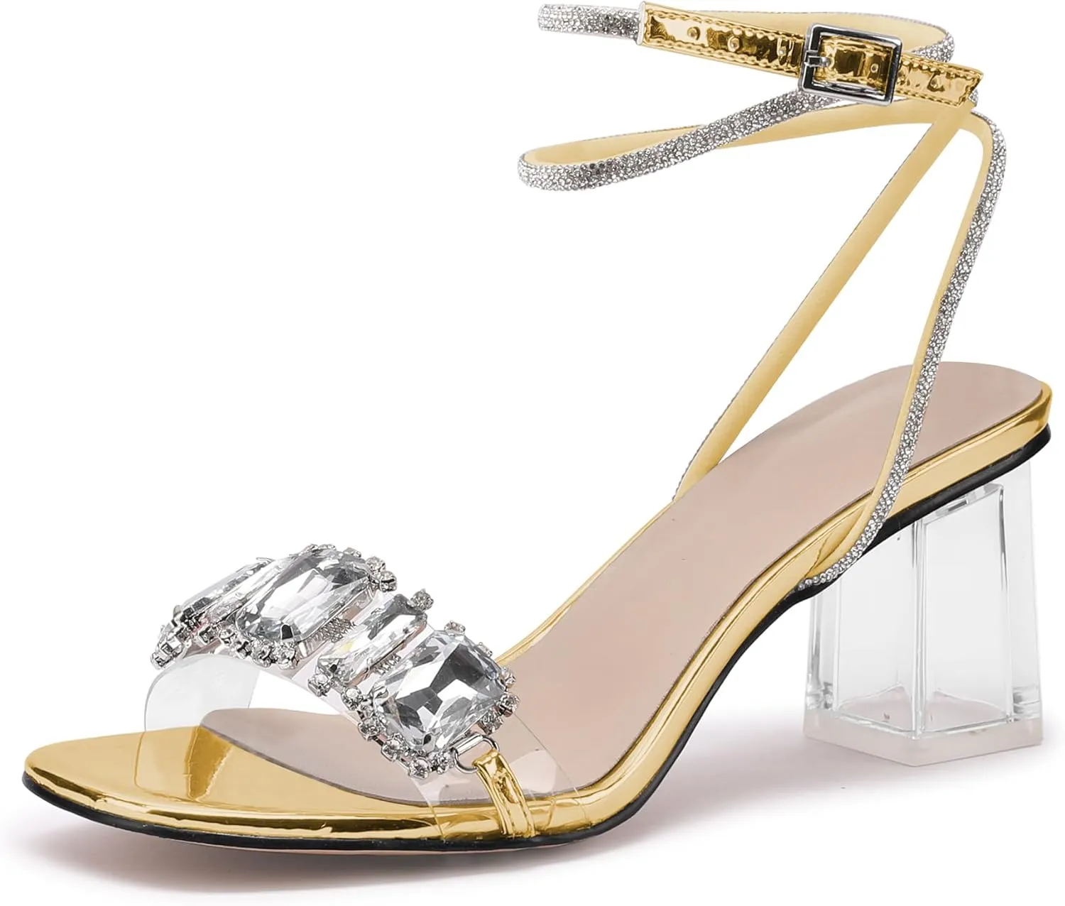 JANSEVEN Women Rhinestone Clear Sandals Crystal Transparent Heels Chunky Block Heel Mid Heel Sparkling silver Sandal with Ankle Strap Square Toe Sandals Dress Shoes Wedding Shoes 2.5 Inches Size 5