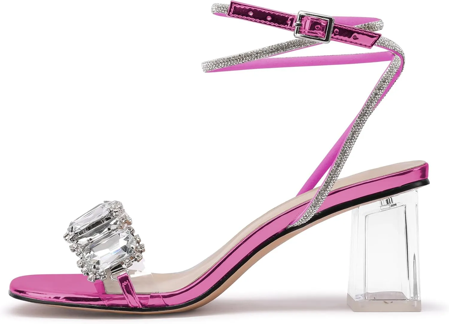 JANSEVEN Women Rhinestone Clear Sandals Crystal Transparent Heels Chunky Block Heel Mid Heel Sparkling silver Sandal with Ankle Strap Square Toe Sandals Dress Shoes Wedding Shoes 2.5 Inches Size 5