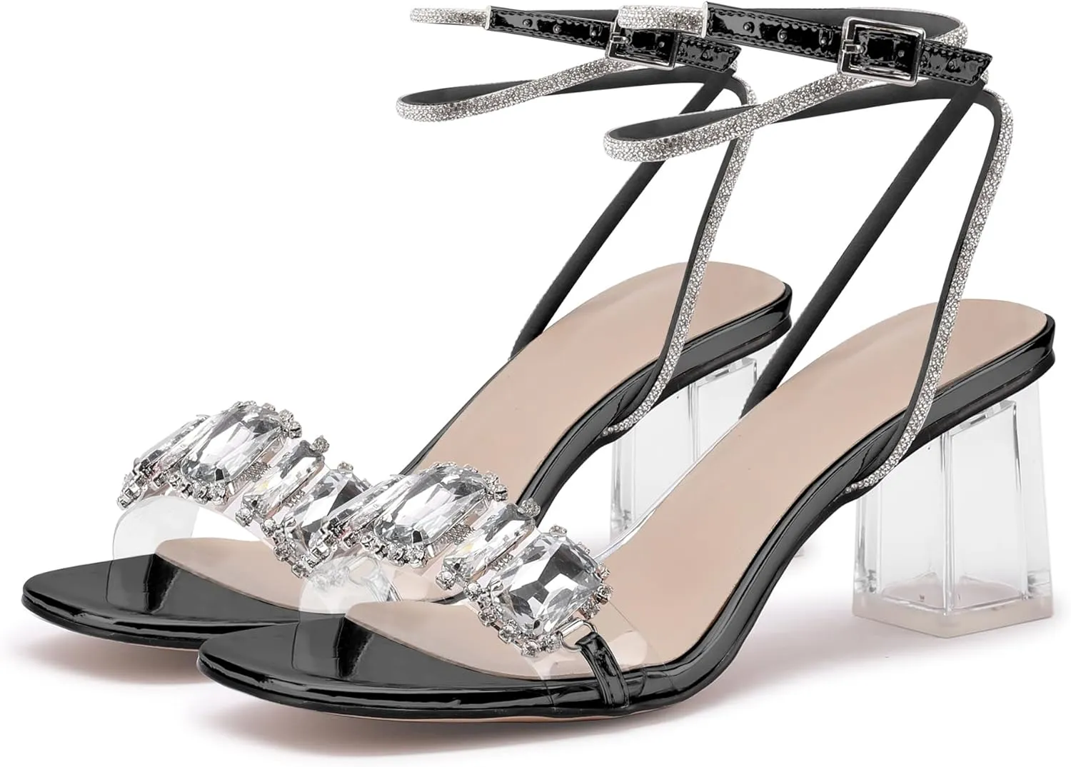 JANSEVEN Women Rhinestone Clear Sandals Crystal Transparent Heels Chunky Block Heel Mid Heel Sparkling silver Sandal with Ankle Strap Square Toe Sandals Dress Shoes Wedding Shoes 2.5 Inches Size 5