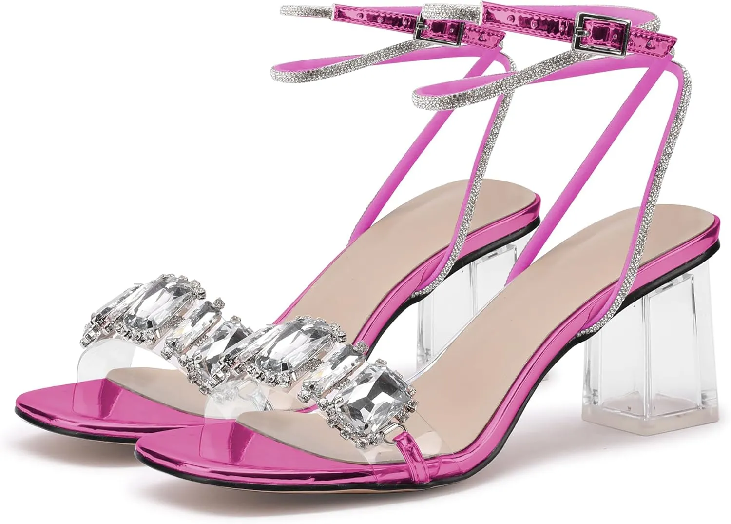 JANSEVEN Women Rhinestone Clear Sandals Crystal Transparent Heels Chunky Block Heel Mid Heel Sparkling silver Sandal with Ankle Strap Square Toe Sandals Dress Shoes Wedding Shoes 2.5 Inches Size 5