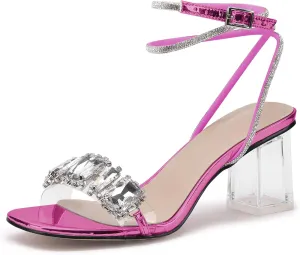 JANSEVEN Women Rhinestone Clear Sandals Crystal Transparent Heels Chunky Block Heel Mid Heel Sparkling silver Sandal with Ankle Strap Square Toe Sandals Dress Shoes Wedding Shoes 2.5 Inches Size 5