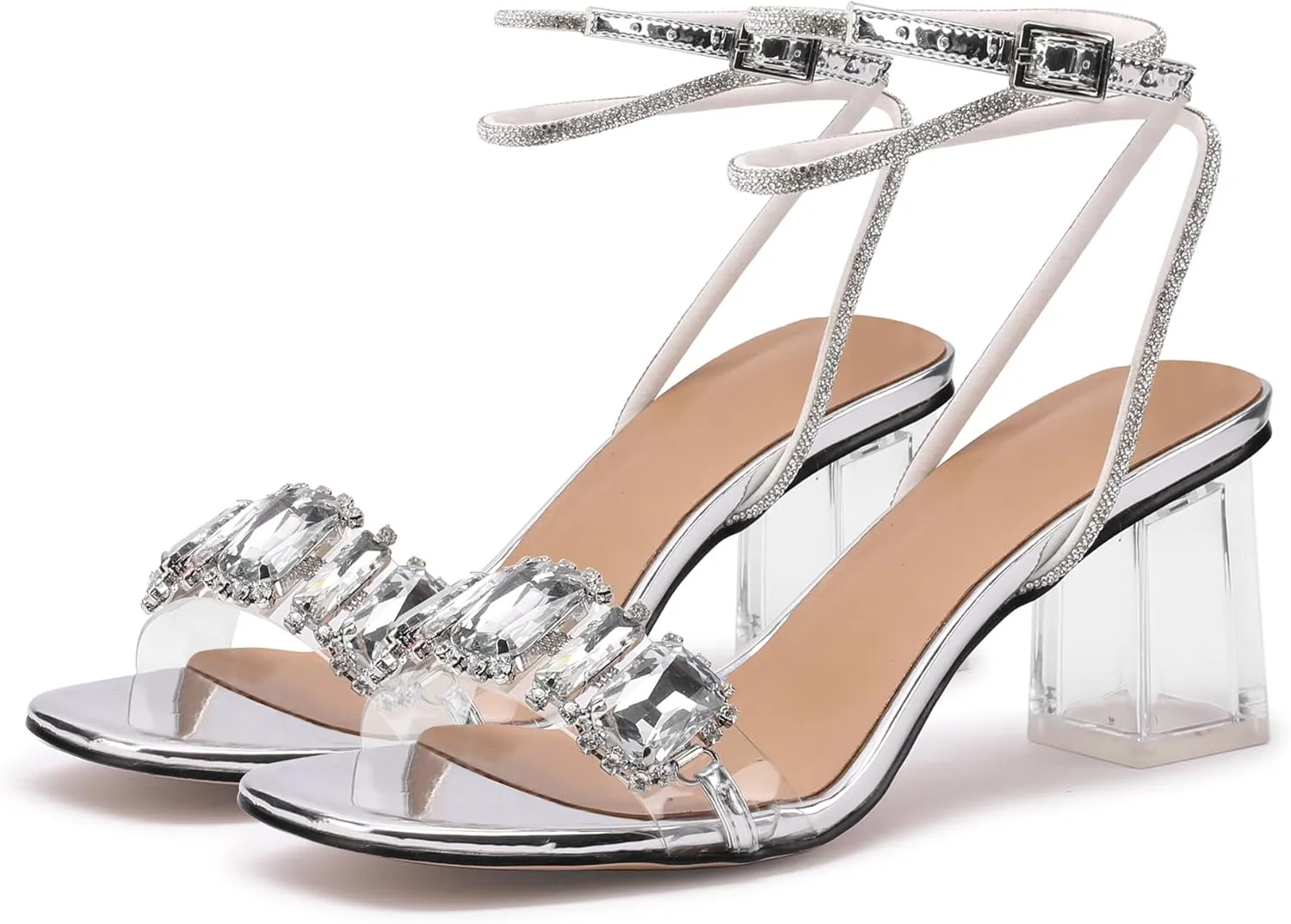 JANSEVEN Women Rhinestone Clear Sandals Crystal Transparent Heels Chunky Block Heel Mid Heel Sparkling silver Sandal with Ankle Strap Square Toe Sandals Dress Shoes Wedding Shoes 2.5 Inches Size 5