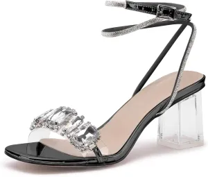 JANSEVEN Women Rhinestone Clear Sandals Crystal Transparent Heels Chunky Block Heel Mid Heel Sparkling silver Sandal with Ankle Strap Square Toe Sandals Dress Shoes Wedding Shoes 2.5 Inches Size 5