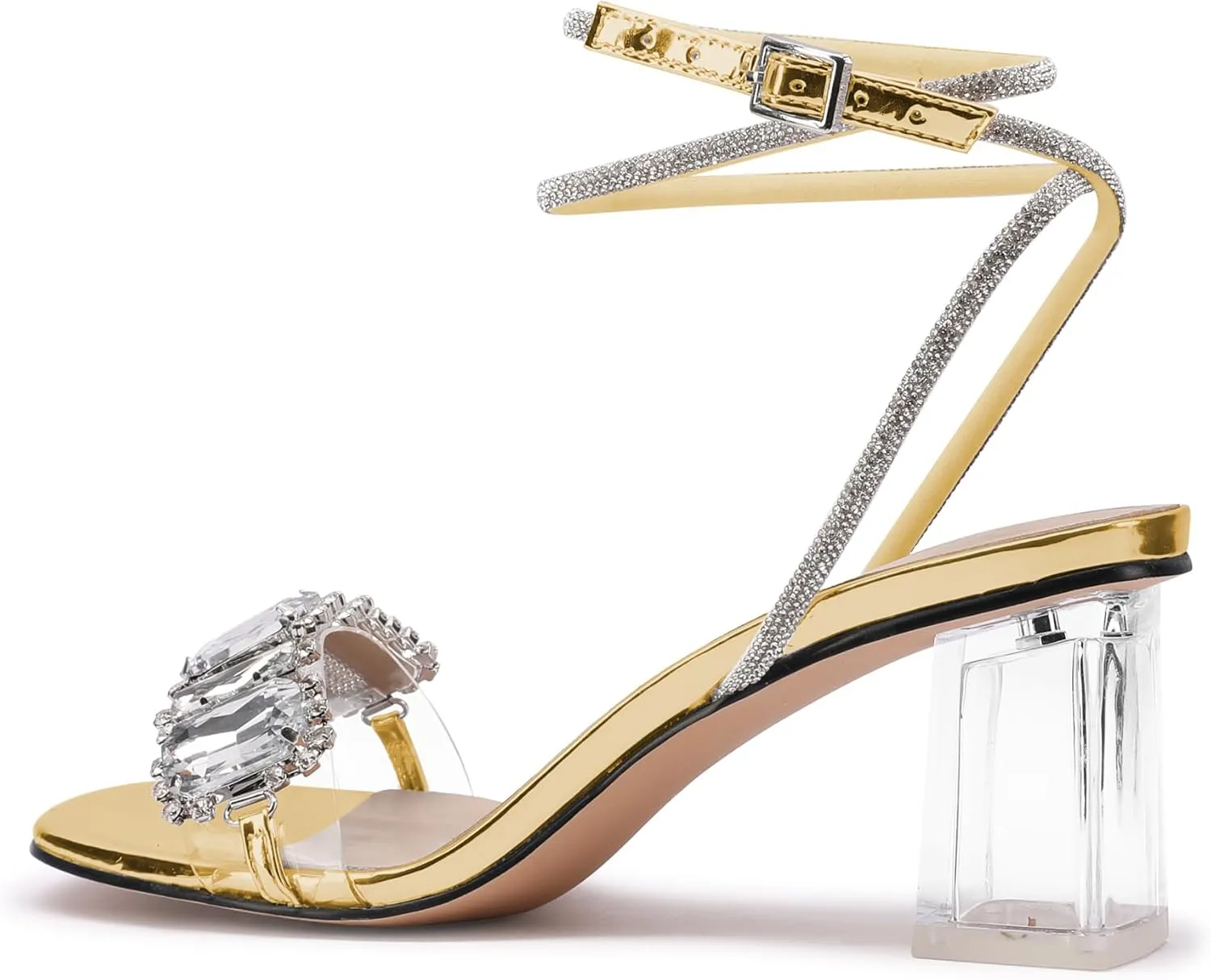 JANSEVEN Women Rhinestone Clear Sandals Crystal Transparent Heels Chunky Block Heel Mid Heel Sparkling silver Sandal with Ankle Strap Square Toe Sandals Dress Shoes Wedding Shoes 2.5 Inches Size 5